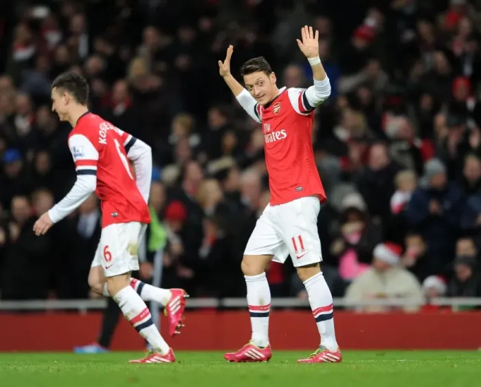 Framed Print : Ozil and Koscielny: Celebrating Arsenal's Second Goal vs. Hull City, 2013-14 Season Framed Print : Ozil and Koscielny: Celebrating Arsenal's Second Goal vs. Hull City, 2013-14 Season