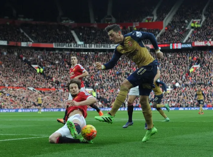 Framed Print : Ozil vs Blind: Clash at Old Trafford - Manchester United vs Arsenal, Premier League 2015 / 16