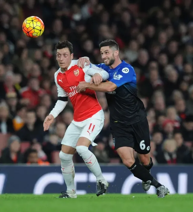 Framed Print : Ozil vs Surman: Intense Clash Between Arsenal's Maestro and Bournemouth's Midfield General in the Premier League (December 2015)