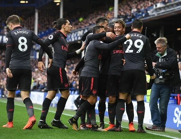 Ozil, Xhaka, Bellerin, and Sanchez Celebrate Arsenal's Goals Against Everton (2017-18)