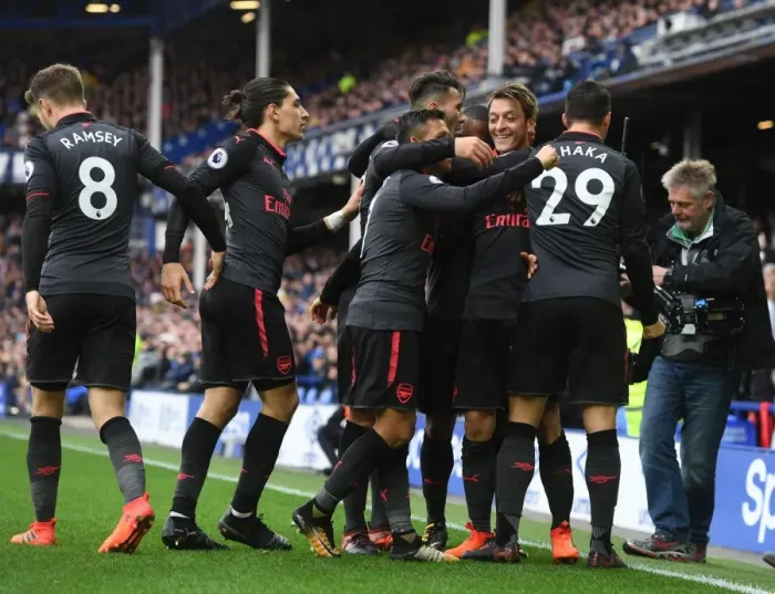 Framed Print : Ozil, Xhaka, Bellerin, and Sanchez Celebrate Arsenal's Goals Against Everton (2017-18) Framed Print : Ozil, Xhaka, Bellerin, and Sanchez Celebrate Arsenal's Goals Against Everton (2017-18)