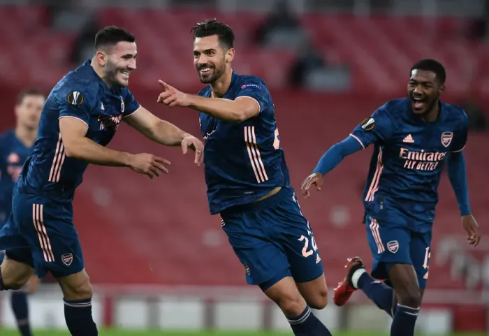 Framed Print : Pablo Mari Scores His Second Goal: Arsenal's Europa League Victory over Rapid Wien