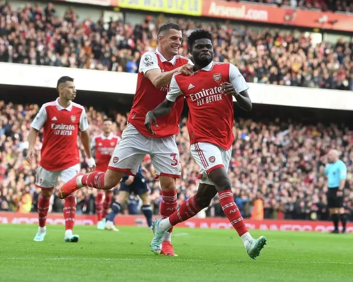 Framed Print : Partey and Xhaka's Jubilant Moment: Arsenal's Four-Goal Lead Against Nottingham Forest (2022-23)