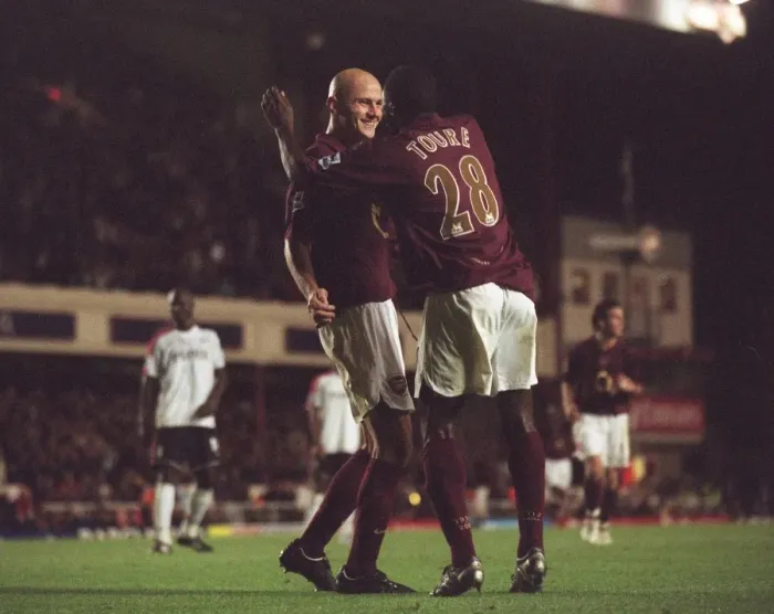 Framed Print : Pascal Cygan celebrates scoring his 2nd and Arsenals 4th goal with Kolo Toure Framed Print : Pascal Cygan celebrates scoring his 2nd and Arsenals 4th goal with Kolo Toure