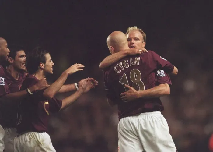 Framed Print : Pascal Cygan celebrates scoring his and Arsenals 1st goal with Dennis Bergkamp Framed Print : Pascal Cygan celebrates scoring his and Arsenals 1st goal with Dennis Bergkamp