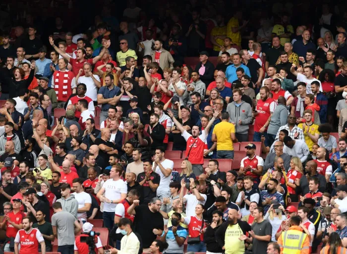 Framed Print : Passionate Arsenal Fans at Emirates Stadium: Arsenal vs. Chelsea, Premier League 2021-22