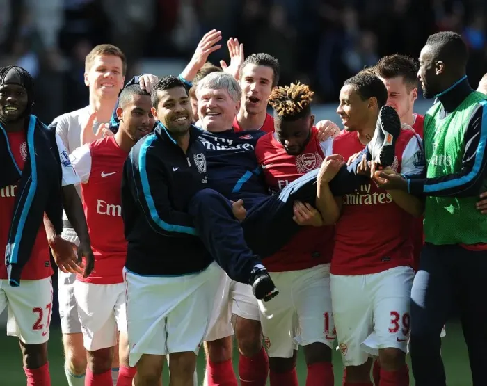 Framed Print : Pat Rice's Emotional Title Win Moment with Arsenal Players (2012) Framed Print : Pat Rice's Emotional Title Win Moment with Arsenal Players (2012)