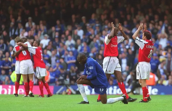 Framed Print : Patrick Vieira and Fredrik Ljungberg celebrate the Arsenal victory as dejected Chelsea defender Will Framed Print : Patrick Vieira and Fredrik Ljungberg celebrate the Arsenal victory as dejected Chelsea defender Will