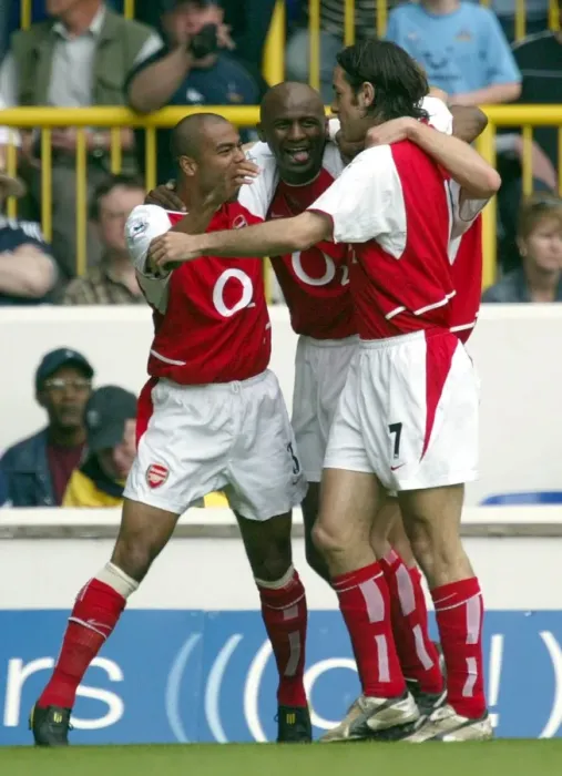 Framed Print : Patrick Vieira and Robert Pires: Celebrating Arsenal's First Goal at White Hart Lane, 2004