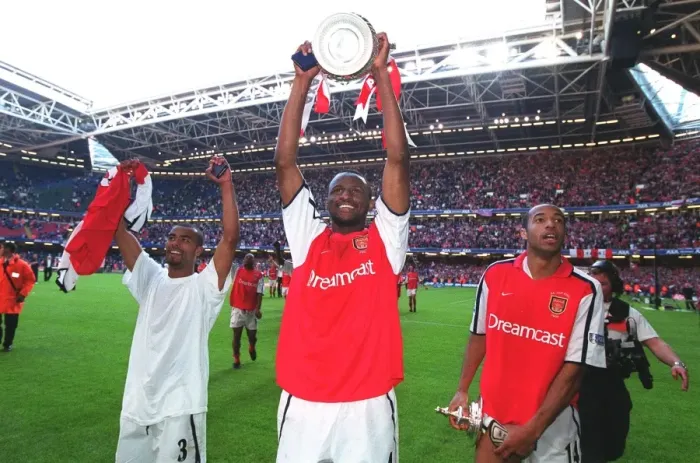 Framed Print : Patrick Vieira, Thierry Henry and Ashley Cole celebrate after the match Framed Print : Patrick Vieira, Thierry Henry and Ashley Cole celebrate after the match