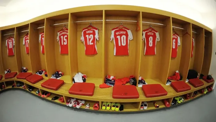 Framed Print : A Peek into Arsenal's Changing Room before the Arsenal v AS Monaco (2014-15) Match