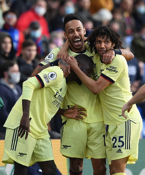 Pepe, Aubameyang, and Elneny Celebrate Arsenal's First Goal Against Crystal Palace (May 2021)