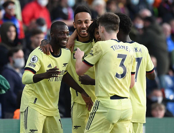 Pepe, Aubameyang, and Tierney Celebrate Arsenal's Goal Against Crystal Palace (May 2021)