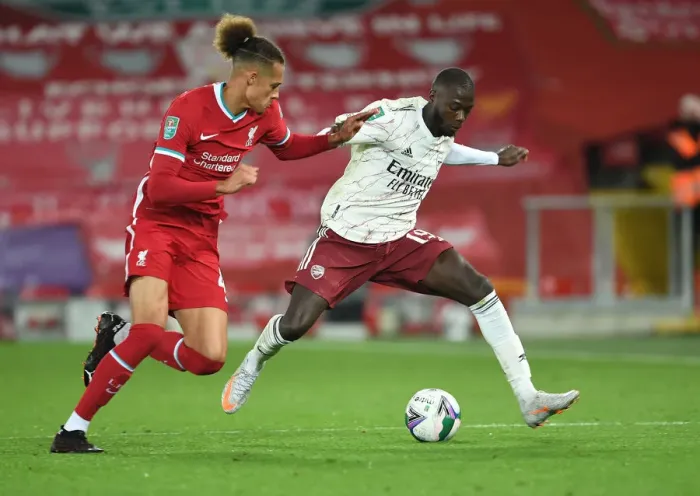 Framed Print : Pepe Breaks Through: Arsenal's Thrilling Victory at Empty Anfield in Carabao Cup Clash (Arsenal vs. Liverpool)