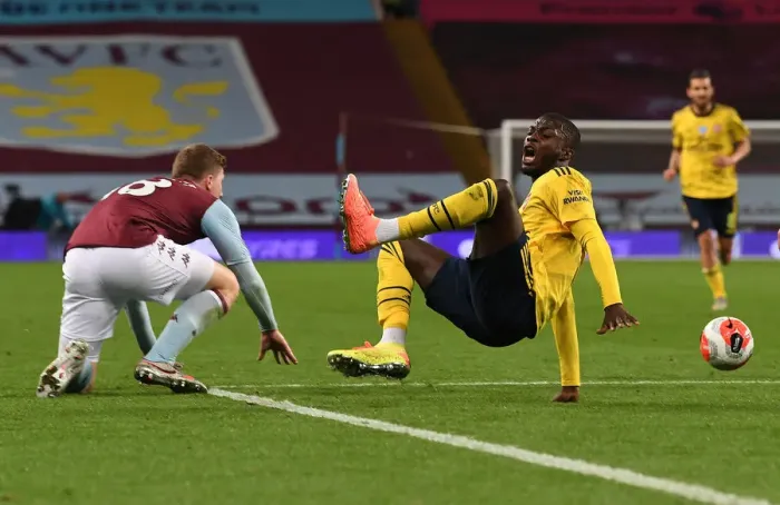Framed Print : Pepe Foul: Nicolas Pepe vs. Matt Targett, Aston Villa vs. Arsenal, Premier League 2019-2020 Framed Print : Pepe Foul: Nicolas Pepe vs. Matt Targett, Aston Villa vs. Arsenal, Premier League 2019-2020