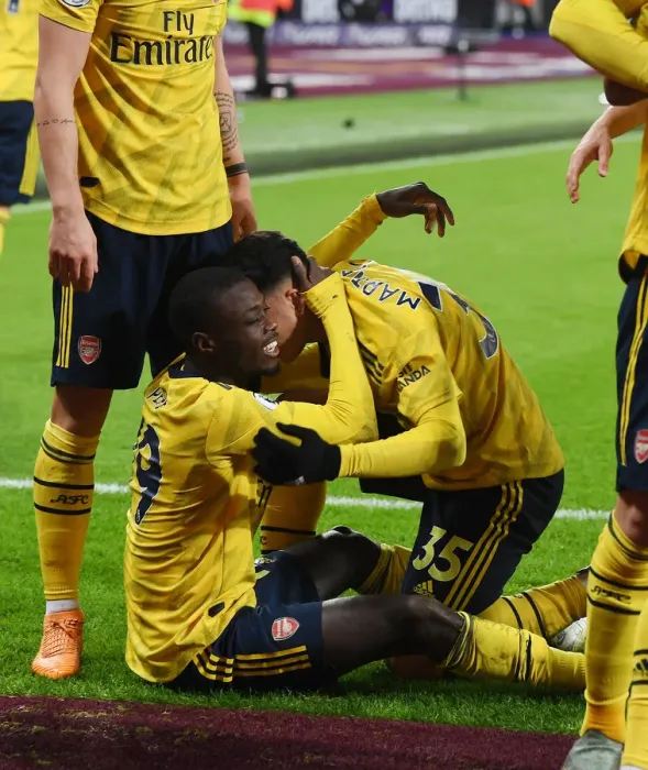 Framed Print : Pepe and Martinelli Celebrate Arsenal's Winning Goals Against West Ham United (2019-20) Framed Print : Pepe and Martinelli Celebrate Arsenal's Winning Goals Against West Ham United (2019-20)