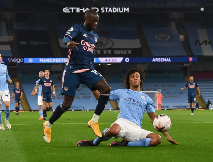 Framed Print : Pepe vs Ake: Manchester City vs Arsenal, Premier League 2020-21 - Empty Etihad Stadium Battle Framed Print : Pepe vs Ake: Manchester City vs Arsenal, Premier League 2020-21 - Empty Etihad Stadium Battle