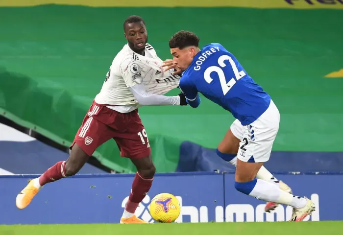 Framed Print : Pepe vs Godfrey: Intense Battle at Goodison Park - Everton vs Arsenal, Premier League 2020-21