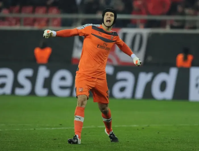 Framed Print : Petr Cech: Arsenal's Champions League Victory Celebration vs. Olympiacos (2015-16)