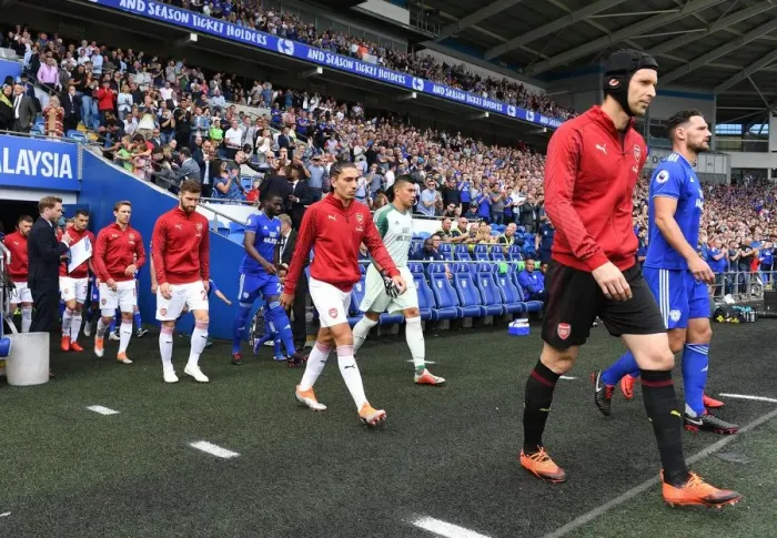 Framed Print : Petr Cech Leads Arsenal Out against Cardiff City (2018-19)