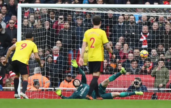 Framed Print : Petr Cech Saves Troy Deeney's Penalty: Arsenal vs. Watford, Premier League 2017-18