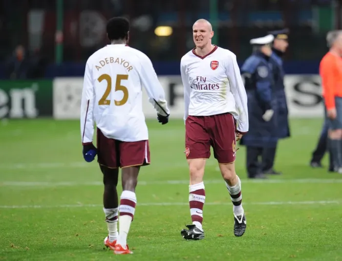 Framed Print : Philippe Senderos and Emmanuel Adebayor (Arsenal) celebrate at the end of the match