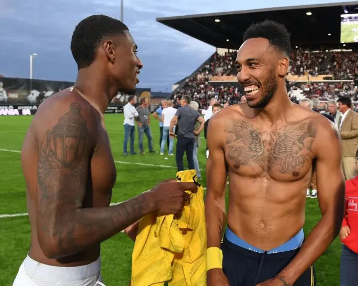 Framed Print : Pierre-Emerick Aubameyang and Jeff Reine-Adelaide Exchange Shirts After Angers vs. Arsenal Pre-Season Friendly Framed Print : Pierre-Emerick Aubameyang and Jeff Reine-Adelaide Exchange Shirts After Angers vs. Arsenal Pre-Season Friendly