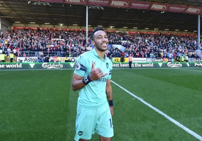 Framed Print : Pierre-Emerick Aubameyang Reacts After Arsenal's Win Against Burnley (Burnley v Arsenal 2018-19)