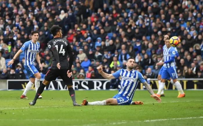 Framed Print : Pierre-Emerick Aubameyang Scores for Arsenal Against Brighton & Hove Albion, Premier League 2017-18