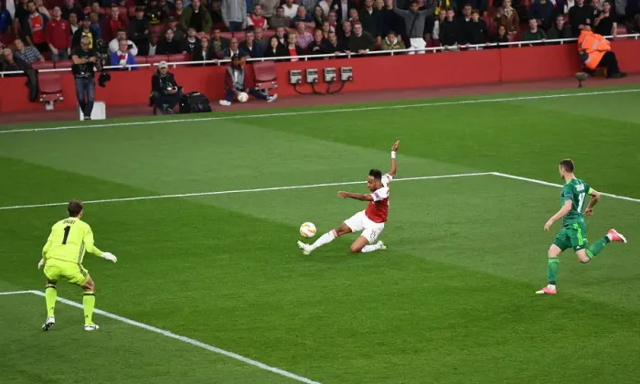 Framed Print : Pierre-Emerick Aubameyang Scores for Arsenal Against Vorskla Poltava in Europa League