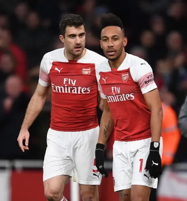 Framed Print : Pierre-Emerick Aubameyang and Sokratis (Arsenal) Framed Print : Pierre-Emerick Aubameyang and Sokratis (Arsenal)