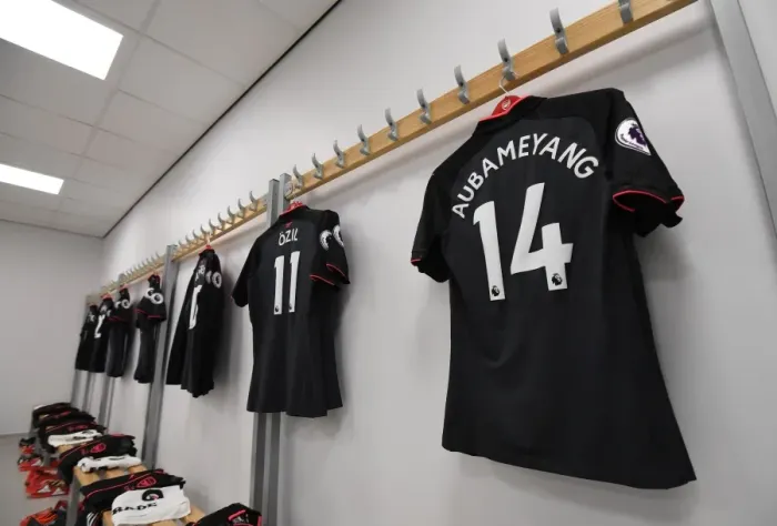 Framed Print : Pierre-Emerick Aubameyang's Arsenal Shirt in Arsenal Changing Room Before Brighton & Hove Albion Match (2017-18)