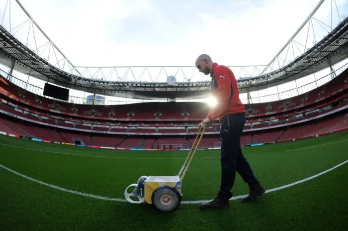Framed Print : The pitch is marked out before the match Framed Print : The pitch is marked out before the match
