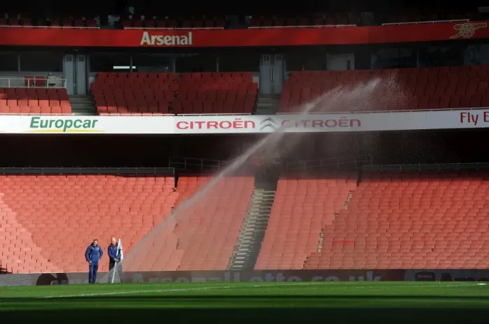 Framed Print : The pitch is watered before the match. Arsenal 2: 0 Middlesbrough. FA Cup 5th Round