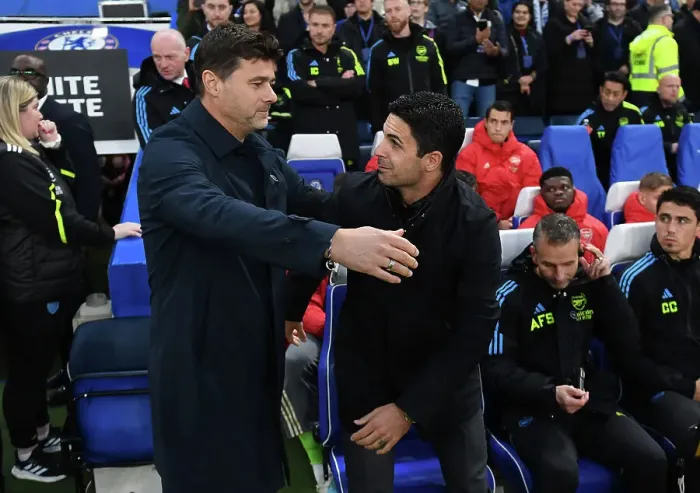 Framed Print : Pochettino and Arteta Embrace Before Chelsea vs. Arsenal Premier League Clash (2023-24)