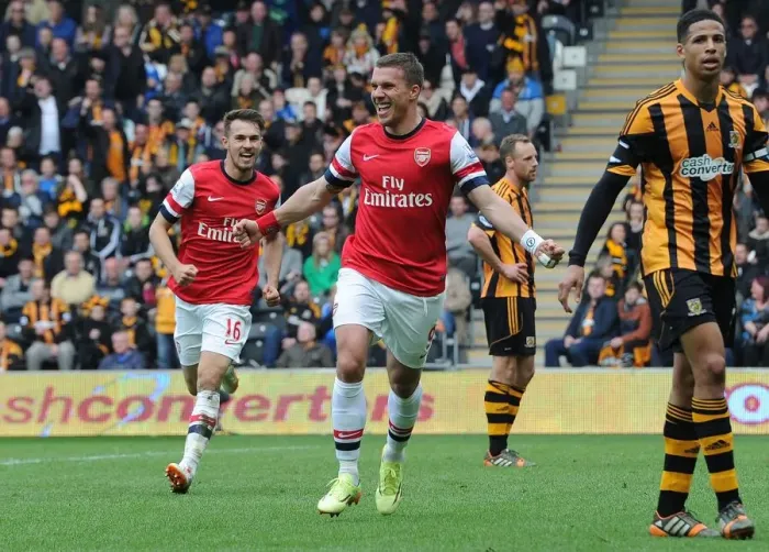 Framed Print : Podolski and Ramsey Celebrate Arsenal's Victory: Hull City vs Arsenal, Premier League 2013 / 14