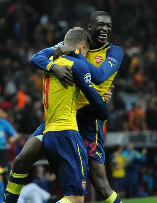 Framed Print : Podolski and Sanogo Celebrate Goals: Galatasaray vs. Arsenal, UEFA Champions League, Istanbul, 2014