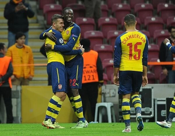 Podolski, Sanogo, and Oxlade-Chamberlain Celebrate Arsenal's Goals Against Galatasaray in Istanbul, 2014