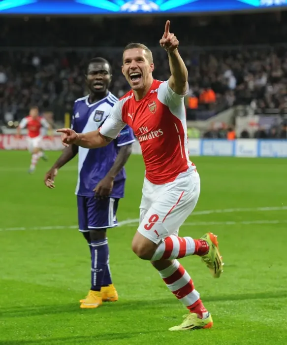 Framed Print : Podolski Scores Arsenal's Second Goal in UEFA Champions League Match against RSC Anderlecht (2014-15)