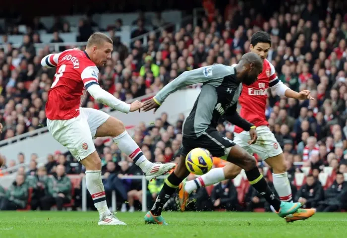 Framed Print : Podolski Scores Past Gallas: Arsenal vs. Tottenham, 2012-13 Premier League