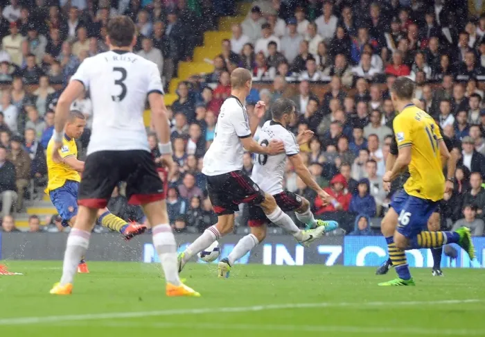 Framed Print : Podolski Scores the Third: Fulham vs. Arsenal, Premier League 2013-14