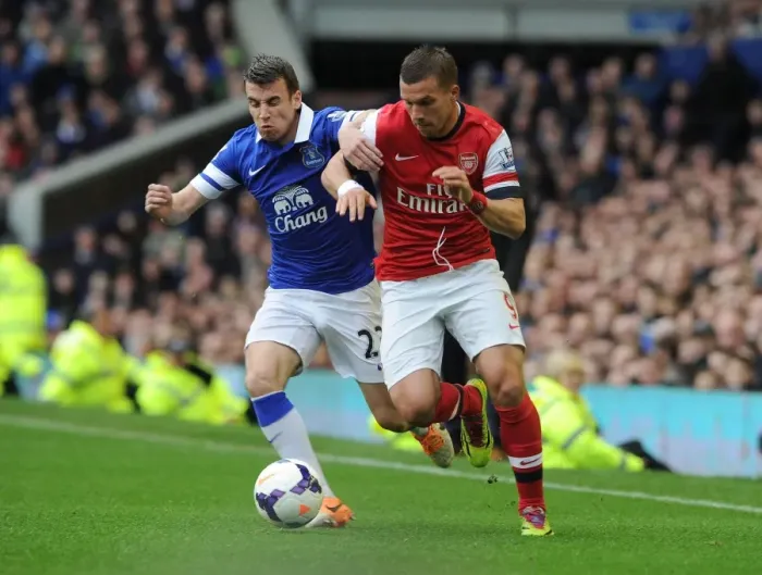 Framed Print : Podolski vs. Coleman: Intense Battle at Goodison Park - Everton vs. Arsenal, Premier League 2013 / 14