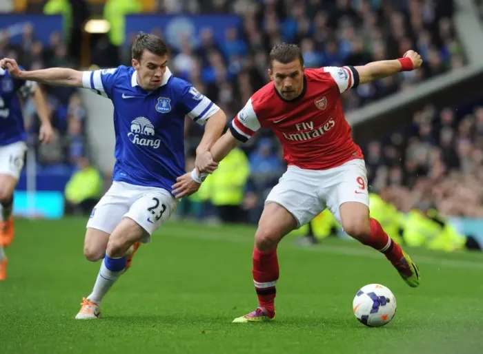 Framed Print : Podolski vs. Coleman: A Premier League Showdown at Goodison Park Framed Print : Podolski vs. Coleman: A Premier League Showdown at Goodison Park