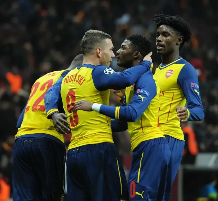 Framed Print : Podolski's Brace: Galatasaray vs. Arsenal in the UEFA Champions League - Ainsley Maitland-Niles and Stefan O'Connor Celebrate