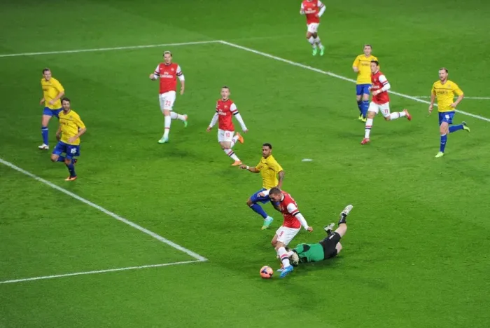 Framed Print : Podolski's Dramatic Goal: Arsenal's FA Cup Victory Over Coventry City (2014) - Lukas Podolski Scores Past Joe Murphy