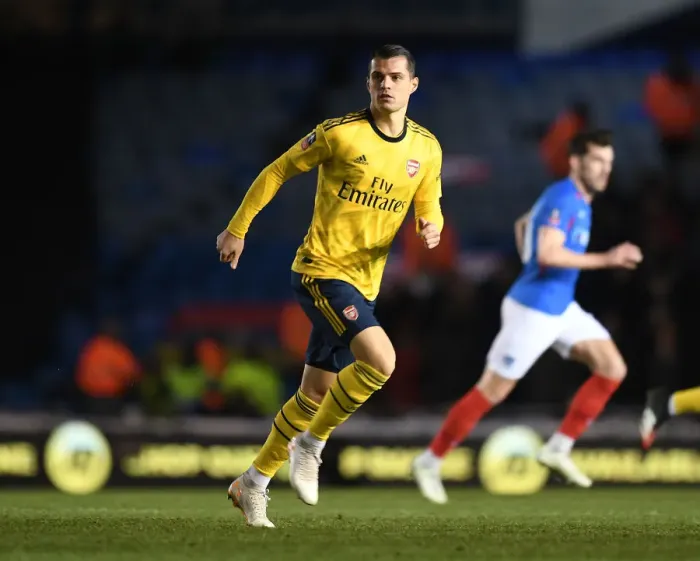 Framed Print : PORTSMOUTH, ENGLAND - MARCH 02: Granit Xhaka of Arsenal during the FA Cup Fifth Round match between Portsmouth