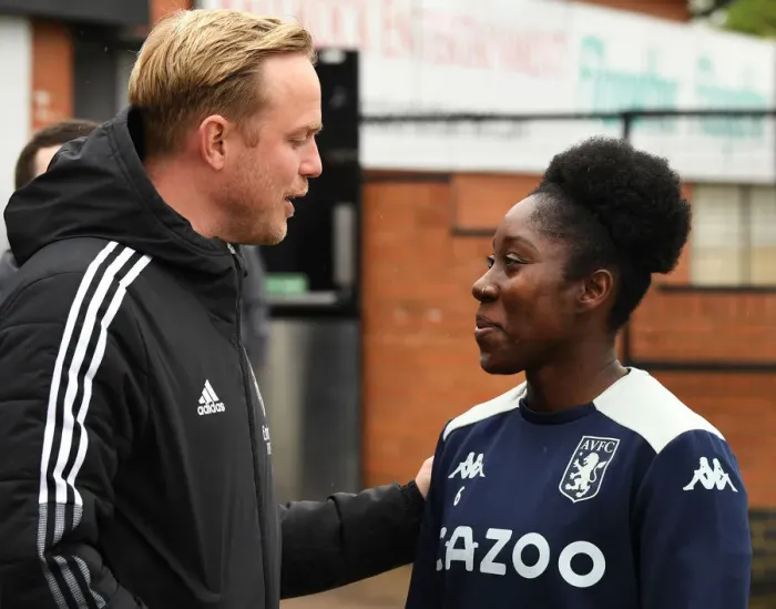 Framed Print : Pre-Match Chat: Arsenal's Jonas Eidevall and Anita Asante of Aston Villa