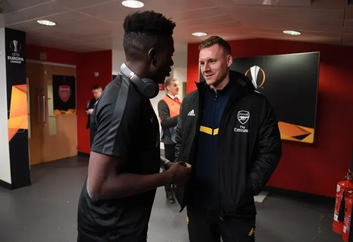 Framed Print : Pre-Match Chat: Bernd Leno and Danny Da Costa, Arsenal FC vs Eintracht Frankfurt (UEFA Europa League)