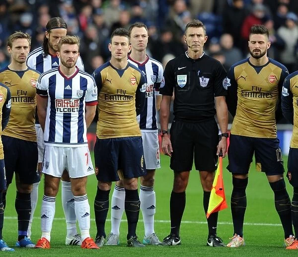 Pre-Match Moment: Arsenal and West Bromwich Albion - The Hawthorns, 2015: Laurent Koscielny, Olivier Giroud, Nacho Monreal, James Morrison, and Jonny Evans Pay Tribute During French National Anthem