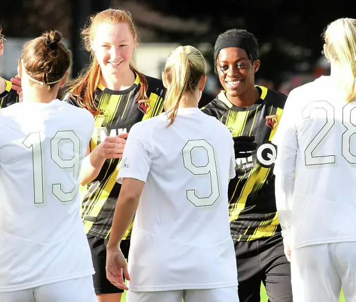 Framed Print : Pre-Match Moment: Katie Reid and Michelle Agyemang of Watford at Arsenal Women vs. Watford Women FA Cup Match Framed Print : Pre-Match Moment: Katie Reid and Michelle Agyemang of Watford at Arsenal Women vs. Watford Women FA Cup Match